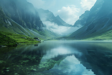 Serene mountain lake surrounded by misty peaks and green meadows, creating a tranquil and picturesque natural scene