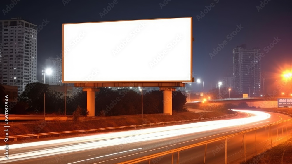 Poster a mockup of billboard with white color blank space setting in between building of city. a large big 