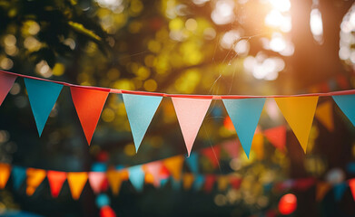 Colorful bunting flags hanging outdoors in the sunlight.