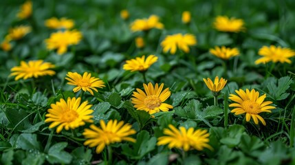 Vibrant spring summer scene with lush green grass and wild yellow flowers outdoors in the morning