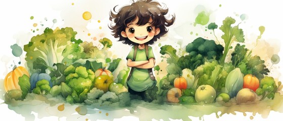 Fototapeta premium 002 Cartoon of children planting vegetables. Watercolor style. Generative AI