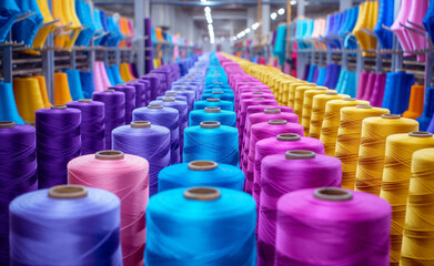 Obraz premium Colorful spools of thread neatly arranged in rows.