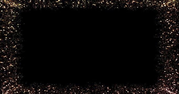 frame of golden glitter sparkle bubbles particles stars on black background, event festive happy new year holiday