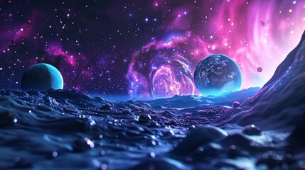 Stars, planets, fantasy landscapes of the future. Futuristic space sci-fi abstract background Sci-fi landscape with planets, neon lights, cool planets, 3D