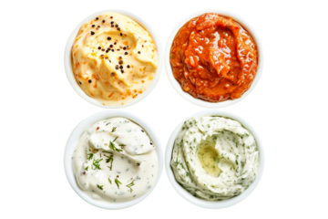 An assortment of Ranch Dips displayed in bowls isolated on transparent white background