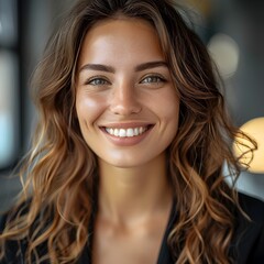 Confident and joyful businesswoman with bright smile showcasing business success and achievement