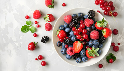 Different fresh ripe berries in bowl on light grey table, top view