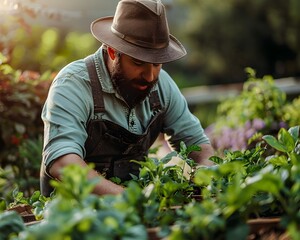 Overweight Man Participating in Community Gardening Project Connecting with Nature