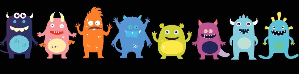 Naklejka premium The best monster set ever. Four colorful monsters silhouette head face icons. Eyes, tongues, tooth fangs, hands up. Cute cartoon baby character with black background. Flat design. Vector.