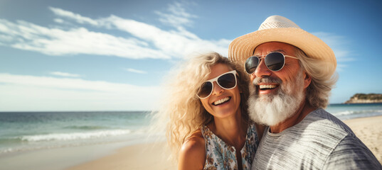 Happy senior couple at beach, joyful smiling, enjoying the sea on sunny summer day