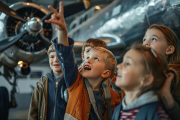 Curious Children Explore an Airplane at a Museum