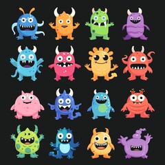 Set of monster icons for Halloween. Cute cartoon kawaii funny baby character. Colorful silhouette with stickers. Bee eyes, teeth, horns. Childish style. Flat design. Black background. Modern