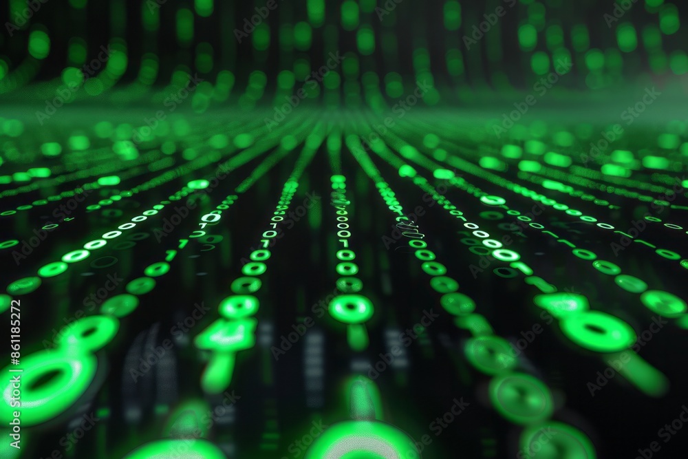 Poster pattern of green binary code with glyphs, ones and zeroes, alien glyphs, matrix style, black backgro