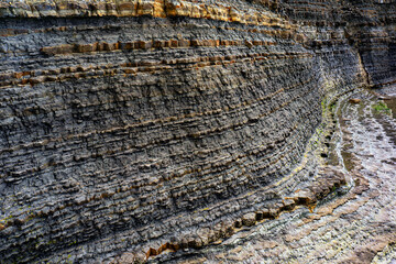 Geological rock layers over millions of years near the sea