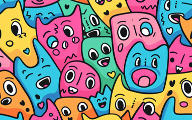 A colorful cartoon of many different faces with some of them smiling