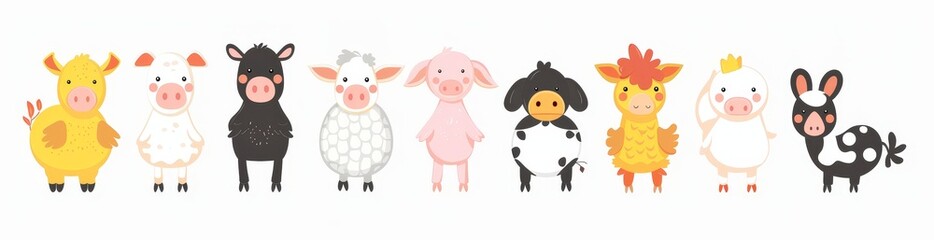 Fototapeta premium A set of farm animals including a pig, a cow, a sheep, a hen, a chicken, and an egg. Cute round head with round dimples. Far-out cartoon characters. Kids education. Flat design. White background.