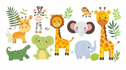 Obraz premium A cute set of African Safari animals having giraffe, iguana, zebra, alligator, crocodile, elephant, cheetah, flamingo, monkey, tiger, toucan on a white background.