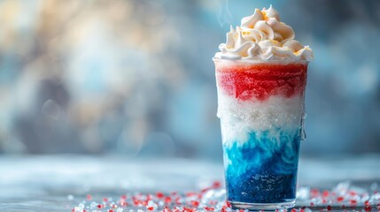 Layered slush drink with striking blue, white, and red hues, finished with a fluffy whipped cream topping, set against a simple light background, vibrant and inviting