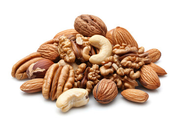 Heap of Mixed Nuts Including Almonds, Walnuts, and Cashews Isolated on White Background
