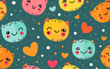 A colorful pattern of cartoon faces with hearts in the background