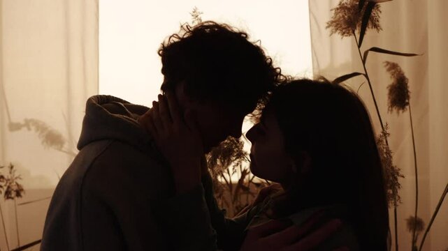 Two people share a tender kiss in silhouette with a serene, nature-inspired background and soft lighting.