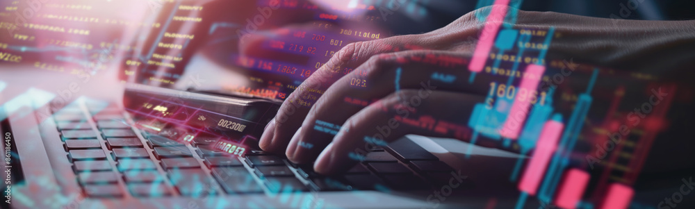 Aufkleber person typing on laptop with overlaid digital code and data visualizations.