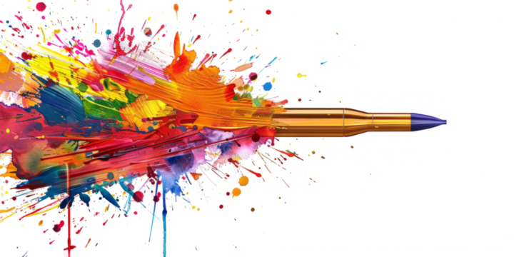 a bullet shatters a colorful painting, leaving a white canvas splattered with paint.