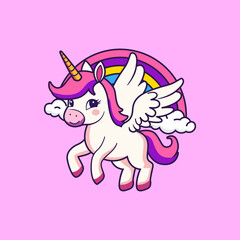 Cute flying unicorn with wings and beautiful rainbow cartoon vector illustration