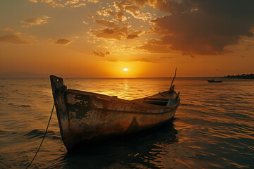 Old wooden boat anchored on a calm lake during a stunning sunset, reflecting golden hues on the water and creating a tranquil scene