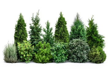 Fototapeta premium variety of evergreen bushes, trimmed and isolated on white to symbolize year-round greenery.