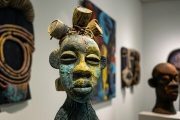 Close-up of African tribal sculptures and masks in a gallery, showcasing rich cultural heritage and detailed craftsmanship