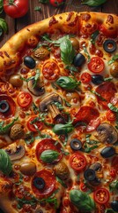 Fototapeta premium Vector image of a delicious pizza with various toppings like pepperoni, mushrooms, olives, and bell peppers. 