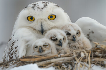 Obraz premium Snowy owl mother protecting three owlets in nest