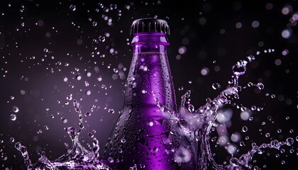 product photograph of bottle of purple color soft drink cola isolated in splash of water. Copy space for text.