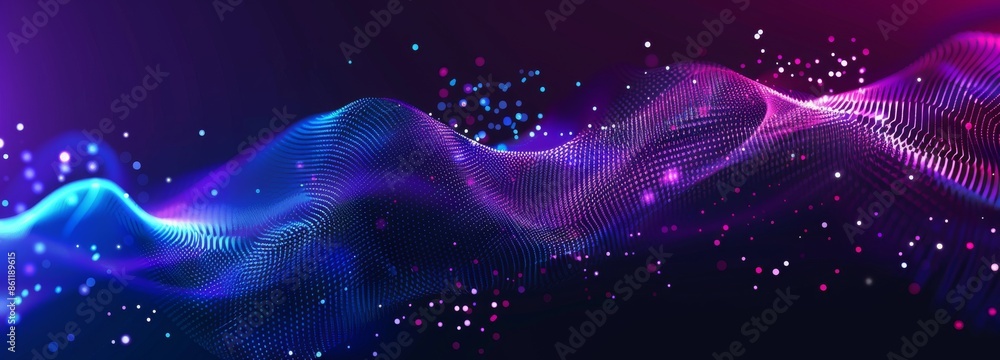 Poster decorative dots pattern on a dark background. colored waves of sound. technology banner. 3d renderin
