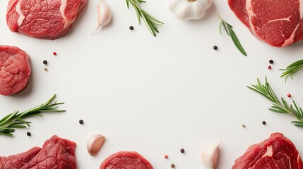 Charming organic meat frame showcasing a variety of premium meats with rosemary and garlic accents, great for a cozy and artisanal decor on a white background