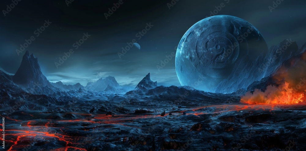 Sticker view of the surface of an alien planet on a science fiction backdrop.