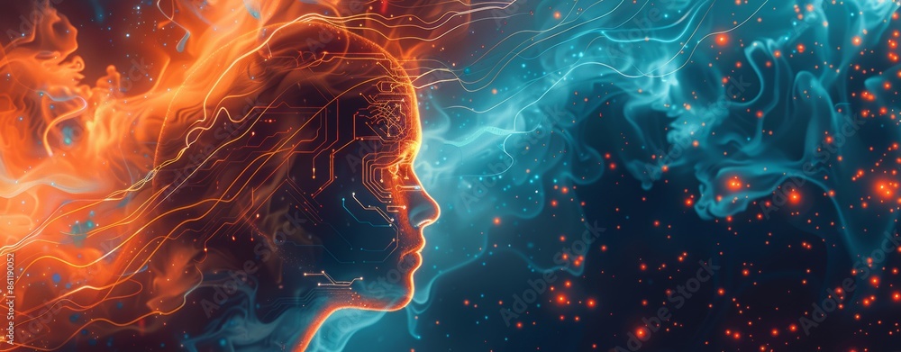 Poster artificial intelligence robot with humanoid features on abstract background, cyborg or android like 
