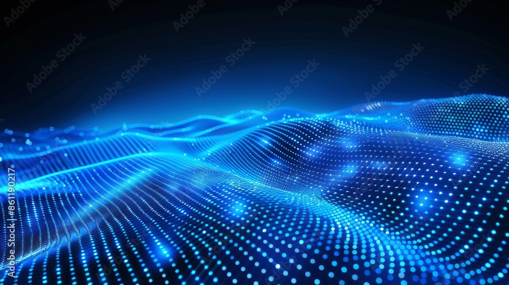 Poster data technology illustration on a dark background. wave of particles on a background of connecting d