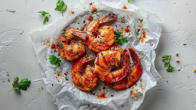 Delicious Grilled Shrimp with Herbs on Parchment Paper
