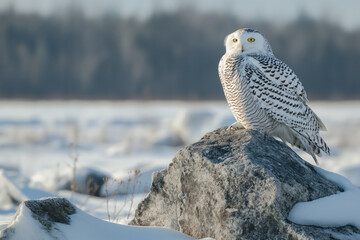 Fototapeta premium Snowy owl perched on rock in winter landscape
