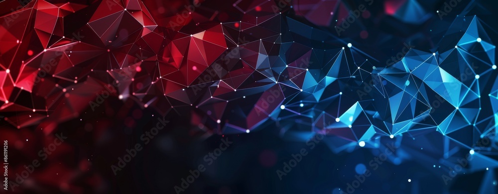 Poster a dark blue and red background with glowing dots is an abstract representation of technological line