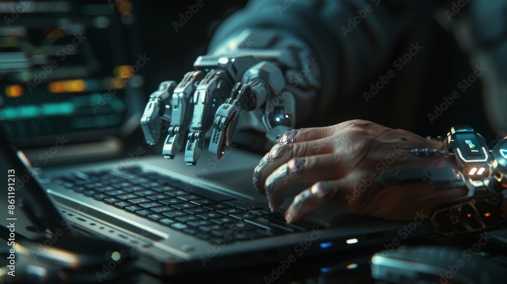 Poster in stock ai, a robotic hand presses a laptop keyboard. this is for technological advancements and ma