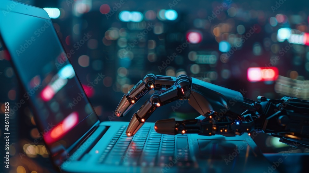 Poster a robot arm pointing to a laptop button with a chatbot advisor concept demonstrates the future of cu