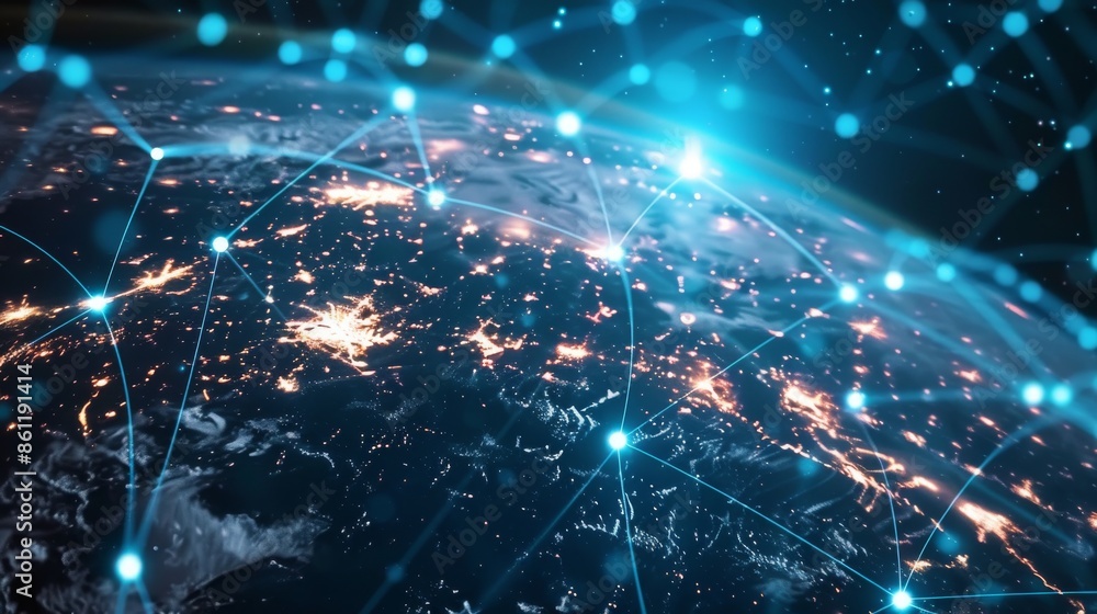 Poster network covering the earth with innovative lines of perception, concept of 5g wireless digital conne