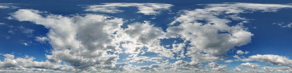 Obraz premium seamless cloudy blue sky 360 hdri panorama view with zenith and clouds for use in 3d graphics or game development as skydome or edit drone shot or sky replacement