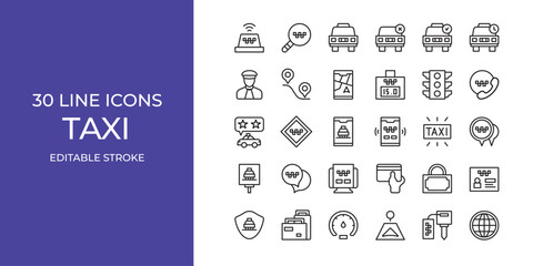 Naklejka premium Taxi icon set vector illustration stroke editable. maps, cars, call center and more