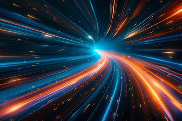 Trails of speed light in a smart modern mega city with skyscrapers against a neon futuristic technology background