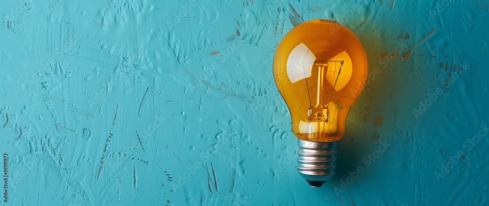 Poster a flat lay of an idea light bulb floating in the sky like a rocket