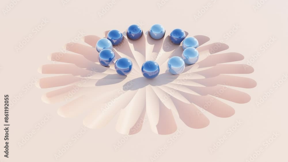 Aufkleber abstract 3d animation of 11 blue and cyan balls rolling in grooves on peach surface for modern geome